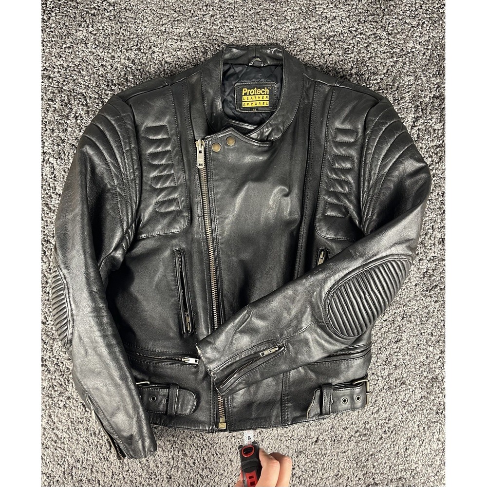 Vintage Protech Leather Motorcycle Jacket, 80s 90s Rocky Balboa, Size 44 Large